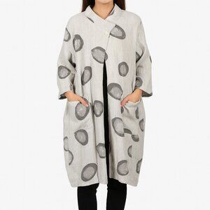 Noen Linen Long Jacket Kimono Coat Beige Black Dot Print Oversized size 6